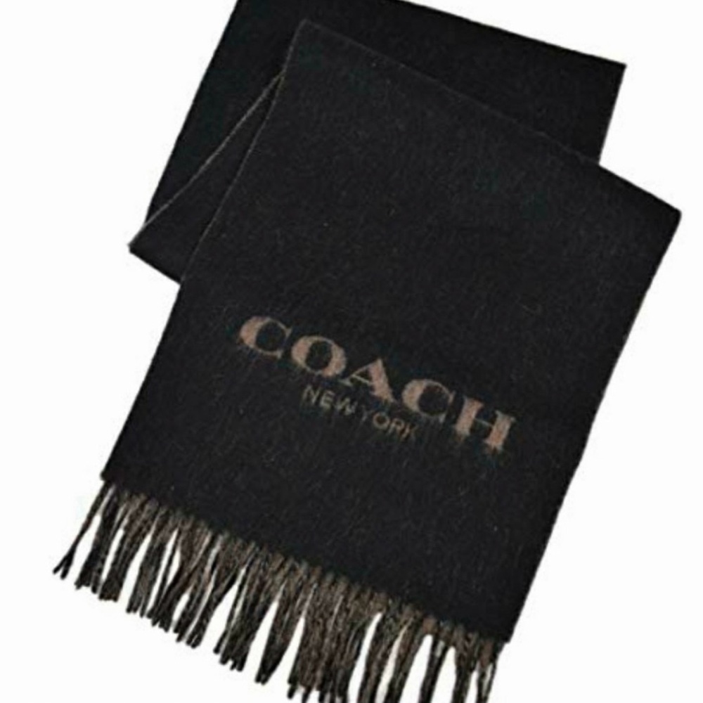 NWT Coach Black & Gray Cashmere Fringe Logo Scarf